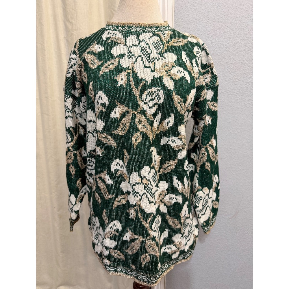 Vintage Green Metallic Floral Lurex Knit Sweater M Crewneck Holiday Festive Gold